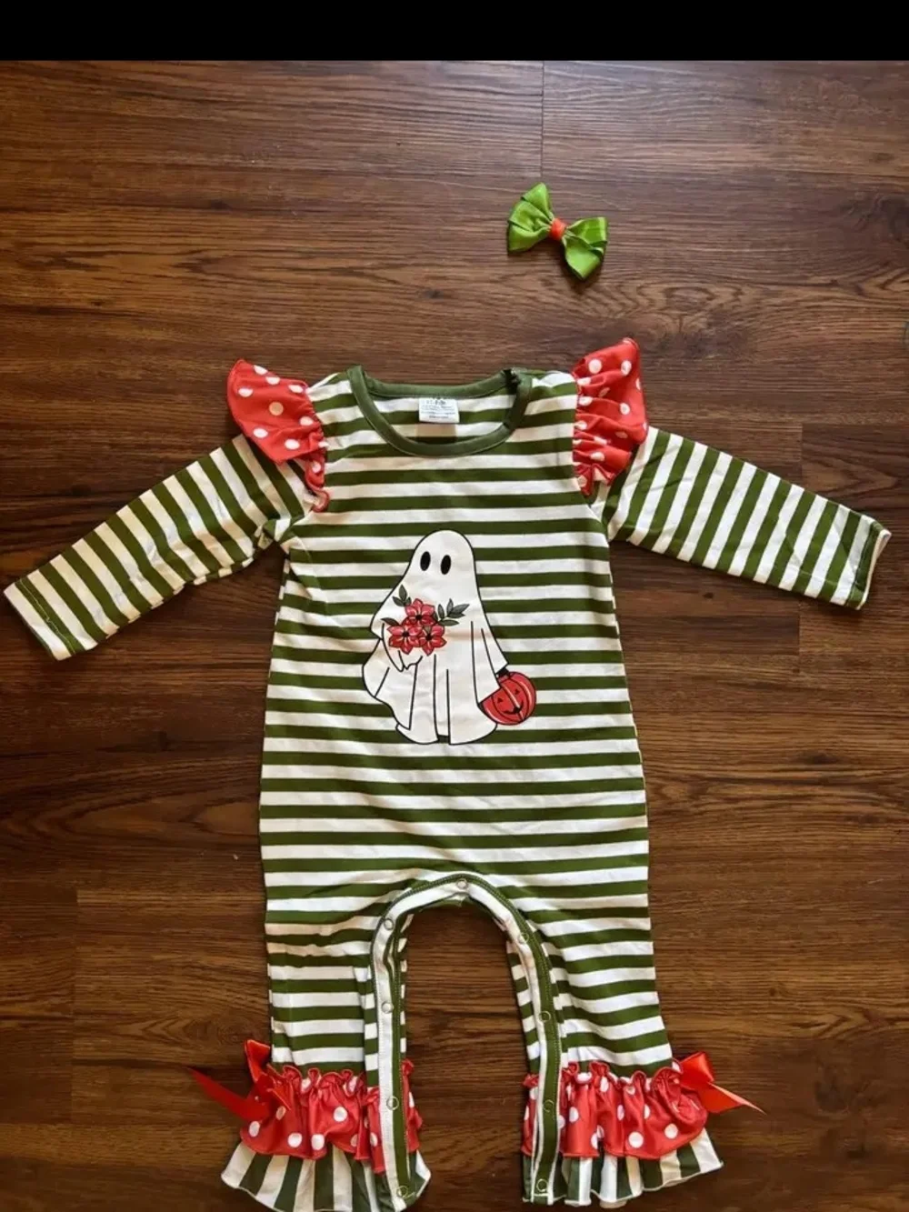 Girls Green Stripe Ghost Halloween Costume Romper with Red Accents